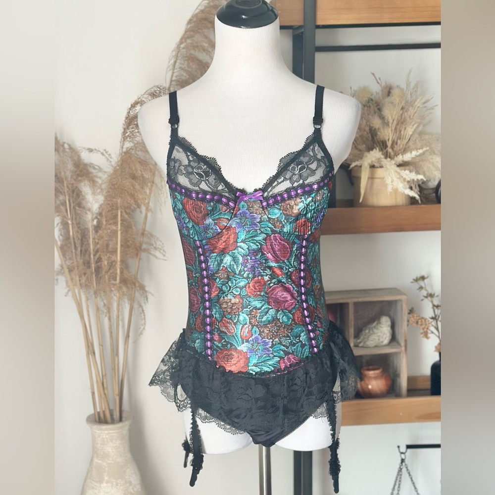 Vintage Petra Fashions black floral lingerie bodysuit teddy